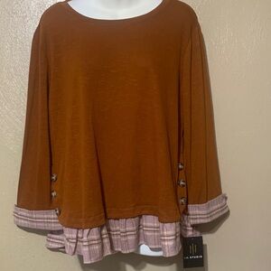 42. I.N. Studio Rust Brown Tunic with Plaid Ruffle Trim